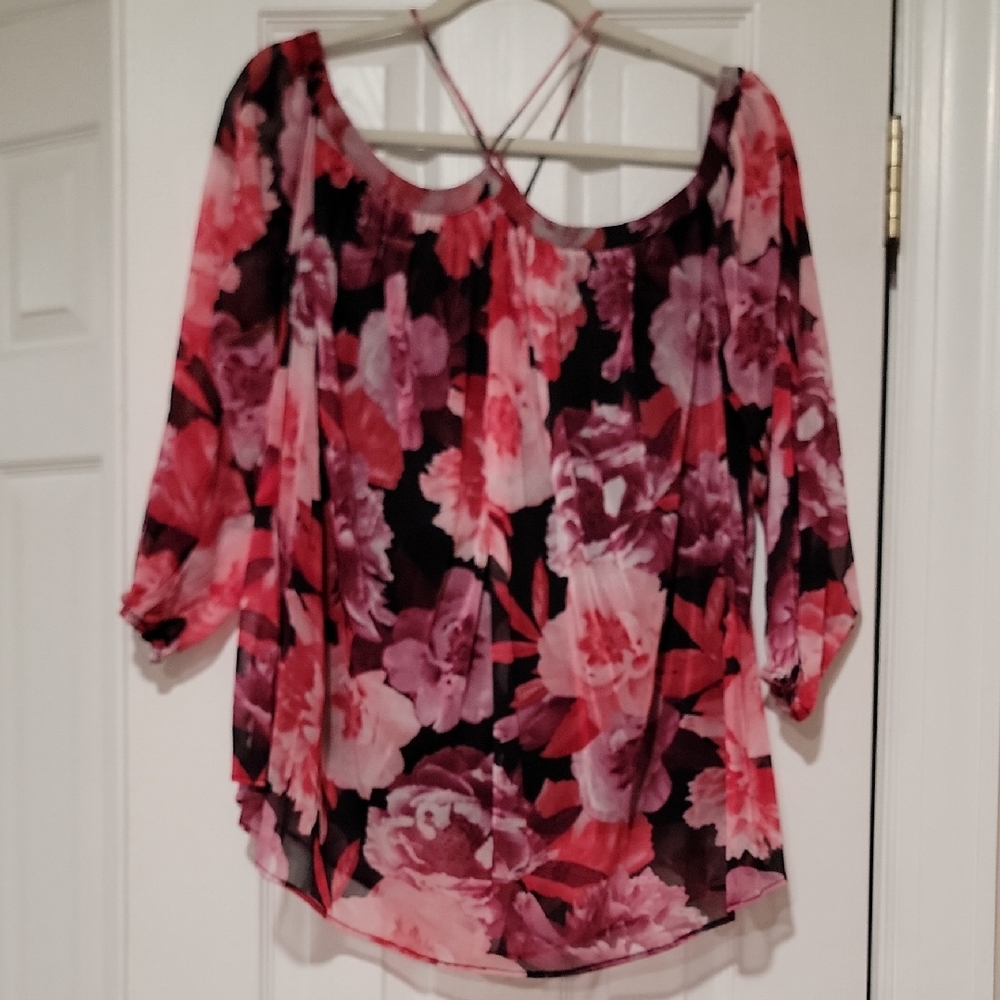 INC International Concepts Pink & Black Floral Off-Shoulder Blouse